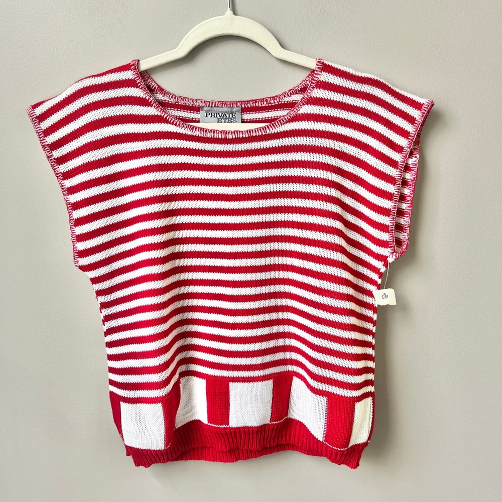 Vintage Knit Top Women's Small Deadstock Nautical Preppy Coastal Cotton Red